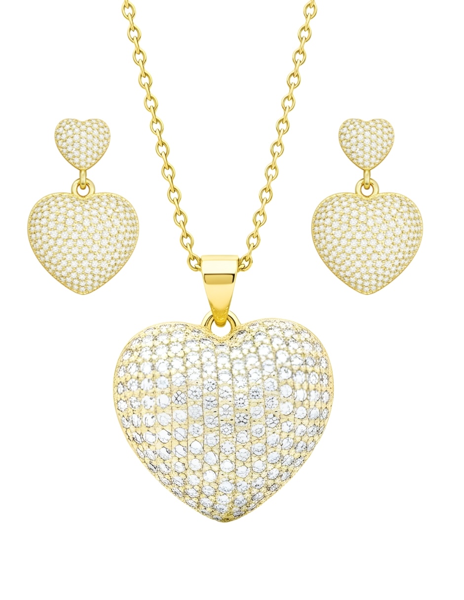 Collar y Aretes de Mujer Chapa de oro 18K Corazón con Circonia